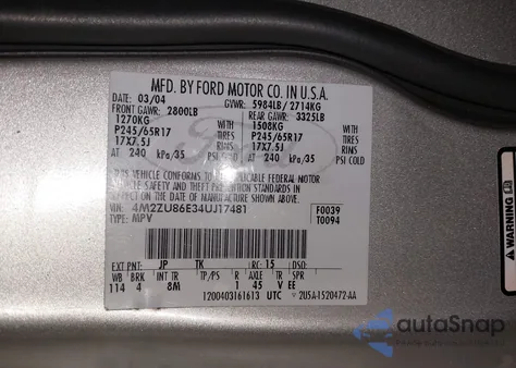 2004 Mercury Mountaineer из США, поврежденный, VIN 4M2ZU86E34UJ17481